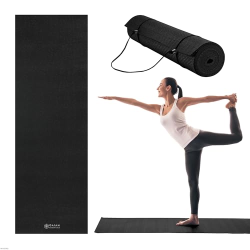 Gaiam Essentials 1/4" Thin (6mm) Yoga & Pilates, Fitness & Exercise Mat with Easy-Cinch Carrier Strap Cusion Support For Fitness and Gym Workouts - color: Black