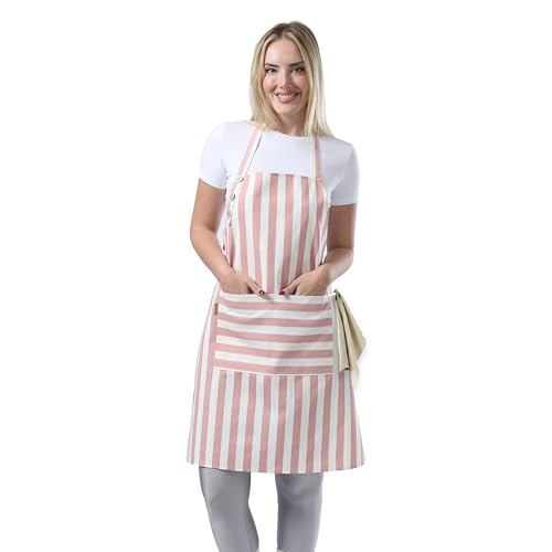 TOSHEX Kitchen Apron Cotton Waterdrop Resistant Adjustable Button Women Men | Premium Cotton Cooking Apron with Pocket. Striped, Gift, Powder Pink - color: Powder Pink