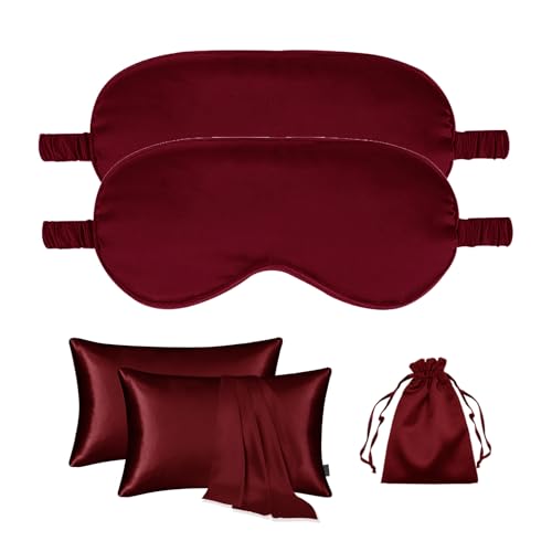 5Pcs Silky Sleep Mask Eye Masks Breathable Soft Satin Pillowcases Set for Sleeping Similar to Silk Pillowcase Travel Gift - color: Burgundy-queen Size