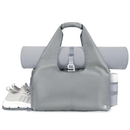 Sportsnew Tote Yoga Mat Gym Bag 20L Women W/Shoe Compartment Wet Dry Pocket | Water-Resistant Gym Tote - Mat Strap, Ventilated Shoe Bin, Wet Pocket, Padded Handle, Multi Pockets, Side Mesh & Key Clip - color: Grey