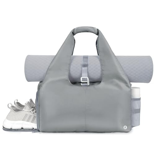 Sportsnew Tote Yoga Mat Gym Bag 20L Women W/Shoe Compartment Wet Dry Pocket | Water-Resistant Gym Tote - Mat Strap, Ventilated Shoe Bin, Wet Pocket, Padded Handle, Multi Pockets, Side Mesh & Key Clip - color: Grey