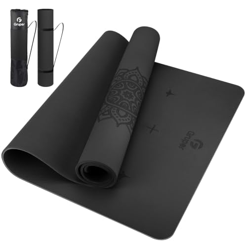 Gruper Yoga Mat Non Slip TPE Extra Wide Yoga Mat with Alignment Mark, 72"L x 32"W x 0.32"/0.24"Th (183cm x 80cm x 8mm/6mm), Anti-Tear Exercise Mat with Carrying Strap and Bag, Workout Mats for Yoga, Pilates - color: Black, size: 0.24*32*72 Inches
