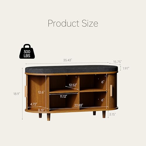DHH 2-Tier Storage Bench,Wide Shoe Bench with Thickened Padded Seat Cushion, Mid Century Modern Fluted Sliding Door and Adjustable Shelf, for Entryway, Living Room, Bedroom (Yellow Walnut, 35.4“) - color: Yellow Walnut, size: 35.4 inch
