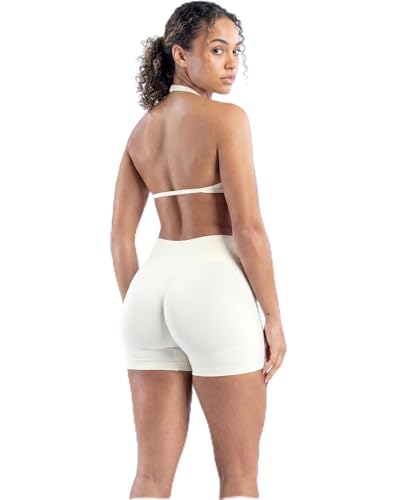 MOYOOGA 2 Piece Workout Sets for Women Seamless Shorts and Strappy Sports Bra Athletic Gym Yoga Matching Outfits - color: White, size: Large