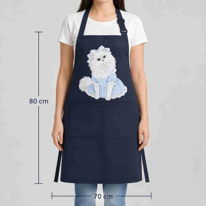Unisex Cat Chef Apron, Adjustable Strap with Two Pockets | Thick waterproof fabric, machine washable. 27.5×31.5 in. Dual pockets for phones. Dual neck straps, long ties, cute cat print - color: Navy Blue