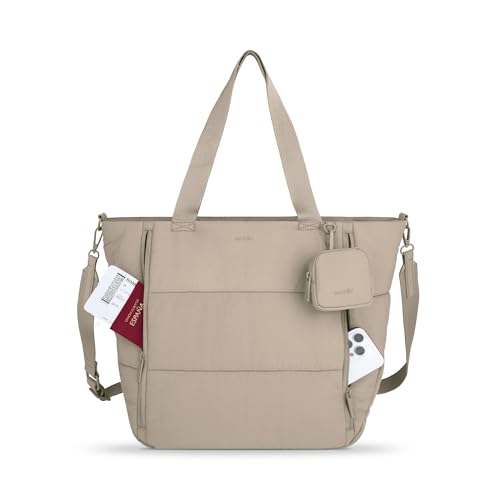 Puffer Tote Bag - Work Bags for Women with Mini Pouch Bundle with Laptop Pocket - Pilates Bag - For Travel, Work, Gym - color: Beige