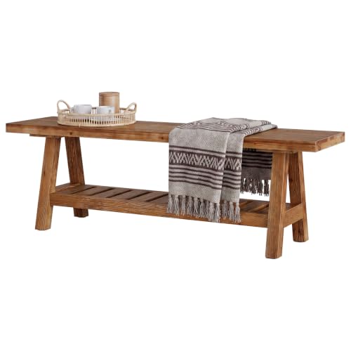 Solid Wood Dining Bench, 55-Inch Long Bench with Open Storage Shelf, 2-Tier Farmhouse Indoor Seating for Dining Room, Kitchen and Small Spaces, Brown