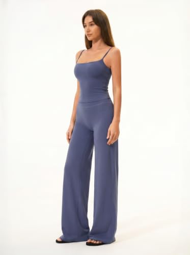 Womens Two Piece Workout Sets Spaghetti Straps Crop Top Matching Straight Leg Pants Gym Yoga Pilates Outfits - color: Granite Blue, size: Medium