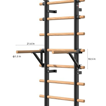 DHT Wood Stall Bar, Swedish Ladder Suspension Trainer with 9 Strategic Rods, for Home, Gym, School and Clinics, Black - color: DW-S