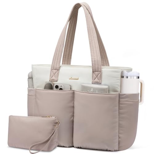 LOVEVOOK Puffer Laptop Bag for Women, Ultra-Lightweight Work Bag Tote w/Organized Compartments, 15.6/17.3“, for Travel&Work - color: Pink/Beige, size: 15.6 Inch