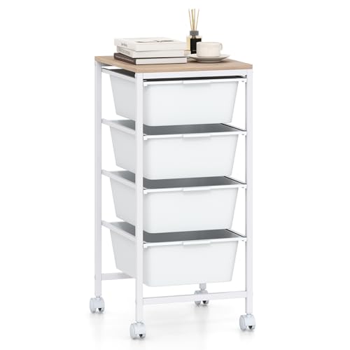 GOFLAME 4-Drawer Rolling Storage Cart, Craft Storage Cart with Wooden Tabletop and Lockable Wheels, Art Cart Supply Storage Organizer with Metal Frame for Home Office Classroom, White - color: White, size: 4-Drawer with Wood Top