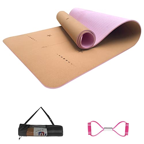 Numat 코르크 요가 매트 6mm 두께 182.9 x 61cm(72 x 24인치), 땀 방지 미끄럼 방지 친환경, 정렬 라인이 있는 경량 TPE 폼, 핫 요가, 필라테스, 체육관 및 운동에 적합, 블랙 휴대용 가방, 스트랩 포함 - color: 핑크 코르크