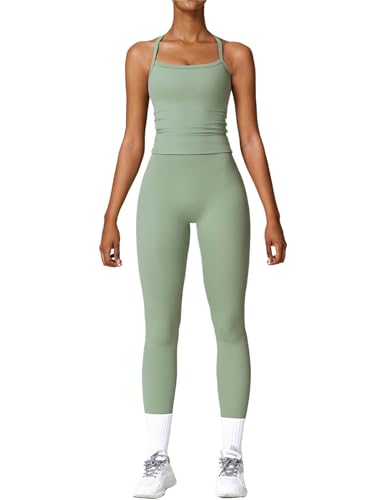 QBGJTD Womens Workout Sets Two Piece Cross Back Tank Top Matching High Waist Leggings Sets Gym Outfits Work Out Clothes - color: Green, size: X-Small