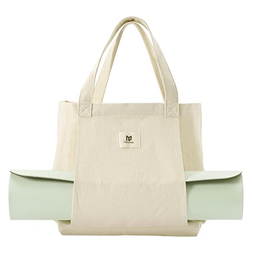 Moyaqi Canvas Tote Bag with Yoga Mat Carrier Pocket Carryall Shoulder Bag for Office, Workout, Pilates, Travel, Beach and Gym - color: Beige