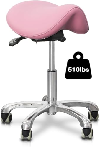 Ergonomic Saddle Chair,Heavy-Duty Rolling Stool with Wheels | 500lbs|Adjustable Height |360° swivel Silent PU casters|For Massage,Salon, barber ,tattoo,Spa ,Drafting,Clinic, Lab, Office - color: Pink