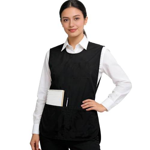 Unisex Black Cobbler Apron, Full Coverage Vest Smock Apron with Adjustable Side Buckle Ties and Pockets Durable & Washable for Servers Hairdressers Beauticians Artists Cleaners