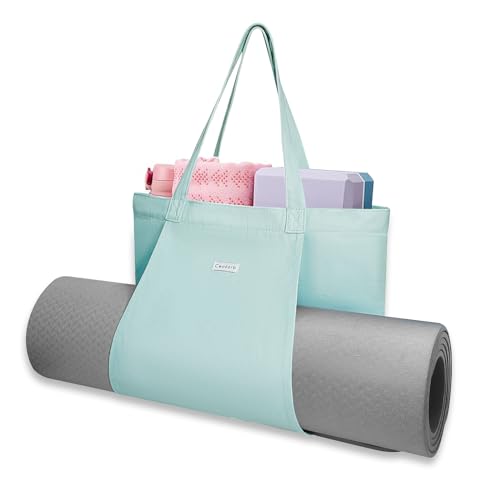 Yoga Mat Bag for Women, Pure Cotton Canvas Yoga Tote with Wet/Dry Pocket, Bottle Holder & Inner Zipper Pocket, Yoga Mat Carrier Bag for Pilates, Gym, Travel, Beach - color: Mint