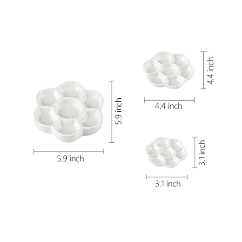 Set of 3,7-Well Small Ceramic Artist Paint Pallet,Tray,Palette,3/4.5/6 inch,Easy to Clean Porcelain Mixing Tray for Watercolor Gouache Painting