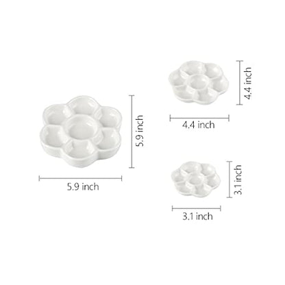 Set of 3,7-Well Small Ceramic Artist Paint Pallet,Tray,Palette,3/4.5/6 inch,Easy to Clean Porcelain Mixing Tray for Watercolor Gouache Painting
