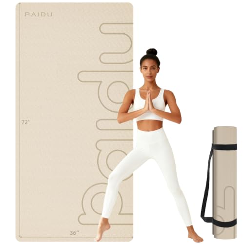 PAIDU Large Yoga Mat, 72"x36"x2/5" POE Non-Slip Exercise Mat | 10MM Thick, POE, non‑slip, ideal for home gym, yoga, pilates, fitness & floor use - color: Beige - LOGO