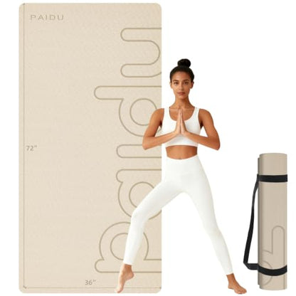 PAIDU Large Yoga Mat, 72"x36"x2/5" POE Non-Slip Exercise Mat | 10MM Thick, POE, non‑slip, ideal for home gym, yoga, pilates, fitness & floor use - color: Beige - LOGO