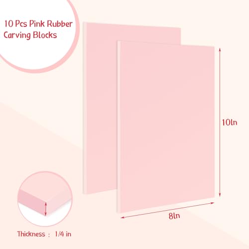 Gilprop 10 Pcs Pink Rubber Block 8 x10 x 0.25 Inch Linoleum Carving Block Stamp Making Kit Soft Rubber Carved Brick for Printmaking Stamp DIY Craft Project Printing