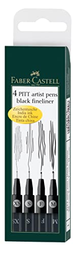 Faber-Castell Pitt Artist Pen 167115 India Ink Pens Pack of 4 M F S XS Black | Waterproof and fade-resistant drawing ink with XS, S, F and M tip for sketching and illustration
