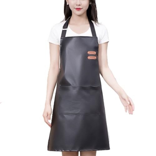 Waterproof Apron Large Pocket PU Material Waterproof Oil-proof Dust-proof Apron Black and Red - color: Black