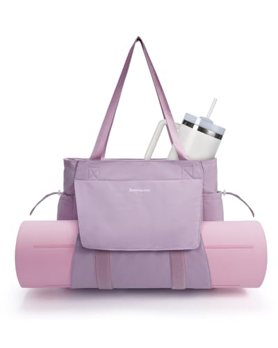 sportsnew Yoga Mat Bag Waterproof Tote Gym Bag Mat Carrier W/Wet Pocket | hook-and-loop mat holder 5s quick access, 40oz handled bottle pocket, wet bag, lightweight waterproof, drawstring pockets,19L - color: Lavender