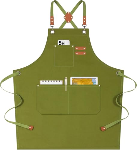 AFUN Chef Aprons for Women Men with Oversized Pockets, 12-Ounce Cotton Canvas Cross Back Water Repellent Apron (Army Green) - color: Army Green