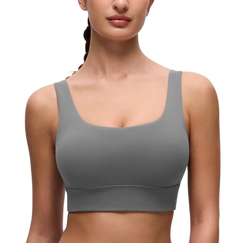 CRZ YOGA Butterluxe U Back Sports Bras | Light Support, Removable Pads, Yoga, Extremely Soft, Longline, Scoop Neck, Wide Straps, for Women - color: Ash Grey, size: X-Small