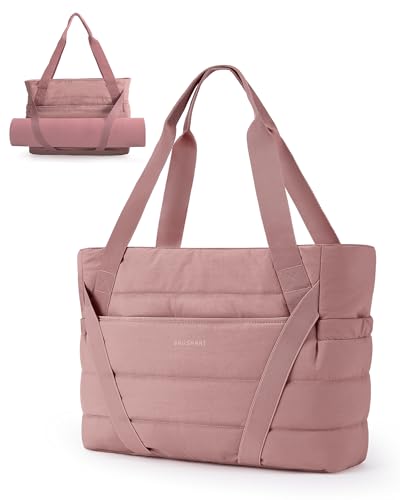 BAGSMART Tote Bag for Women with Zipper and Yoga Mat Straps - color: Dark Pink