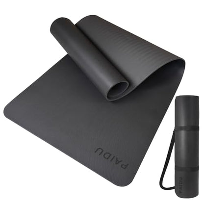 PAIDU Yoga Mat 8mm Super Thick TPE Fitness Mat | SGS Certified | Non-Slip, Odorless & Tear-Resistant | Unisex with Strap | for Yoga, Pilates, Meditation & Home Workouts (Black)