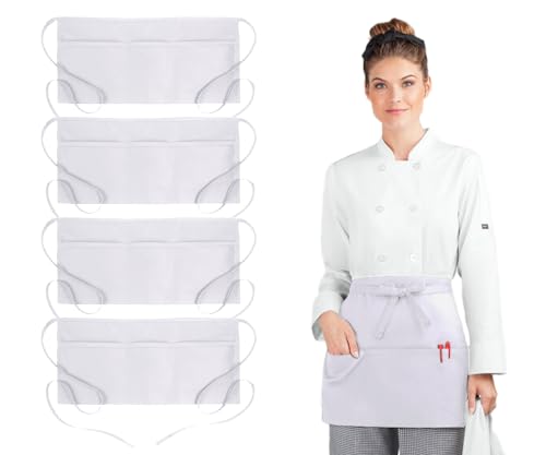 Avalon Kitchen Server Aprons with 3 Pockets – 100% Polyester Waist Apron, 24x12 Inch Half Apron, Waitress Apron for Servers - color: White, style: Pack of 4