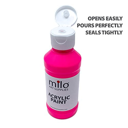 milo Fluorescent Acrylic Paint Set of 6 Colors | 4 oz Bottles | Student Neon Colors Acrylics Painting Pack | Made in the USA | Non-Toxic Art & Craft Paints for Artists, Kids, & Hobby Painters | Glows in Black Light, AP Certified Non-Toxic, Made in USA, Ar