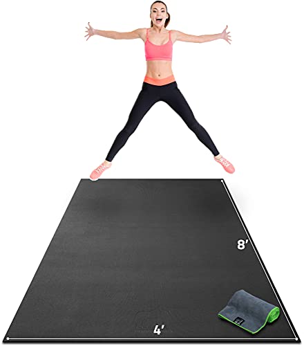 Gorilla Mats Large Exercise Mat – 6'x4', 7'x4', 7'x5', 8'x4', 10'x4' (1/4" Thick) – Ultra Durable Workout Mat for Home Gym Flooring – Non-Slip, Flat Fitness, Yoga & Weight Lifting Floor Mat - color: Gorilla Black Mat with Gray Towel, 2 Storage Straps and