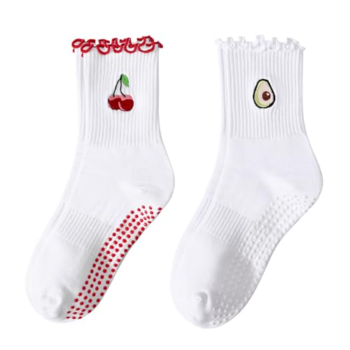 Women's Pilates Grip Socks, Ruffle Non Slip Bow Pattern Yoga Socks | Grippy, Frilly Trim, Embroidery, Crew Length, Soft Cotton, Arch Support, for Barre Ballet Dance Workout Hospital Home Gifts - color: E01-white(cherry) + White(avocado)