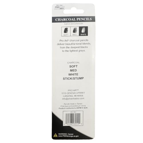 PRO ART Charcoal Pencil Set 3 Degree/White 4pc Carded, Sketching & Drawing Pencils for Artists, Includes Graphite & Charcoal Pencils, Art Pencil Set for Shading & Outlining - style: Charcoal Pencils (Soft, Med., Hard, White) 4 Piece Set