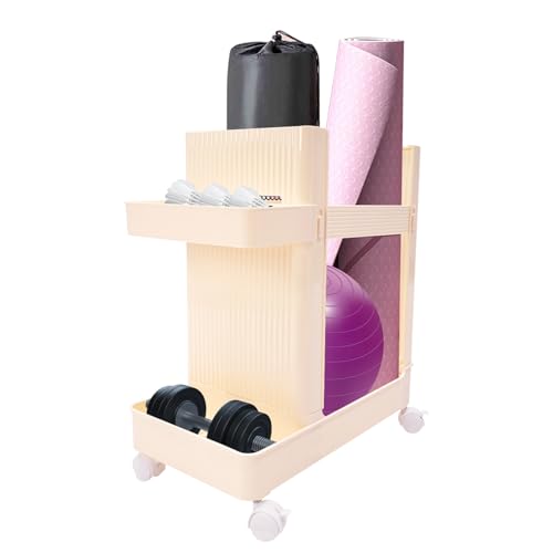 Home Gym Storage Rack, Multifunctional Yoga Mat Display Stand with Wheels, Mobile Workout Equipment Organizer Shelf, Floor Standing Storage Shelf for Home, Gym, Yoga Studio (Creamy Yellow) - color: Creamy Yellow