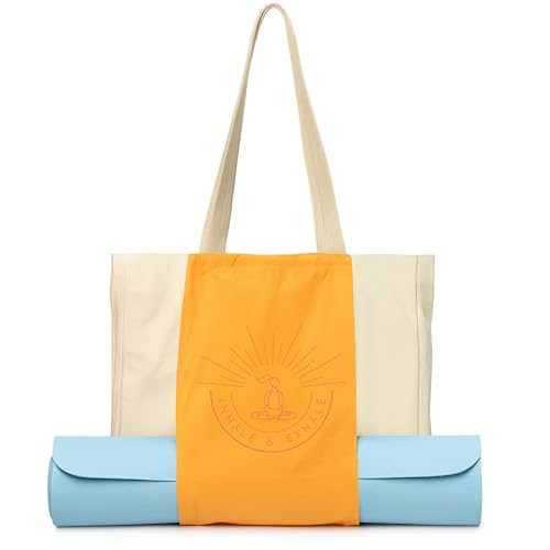 Large Canvas Yoga Tote Bag with Yoga Mats Bags Carrier - color: Beige & Orange