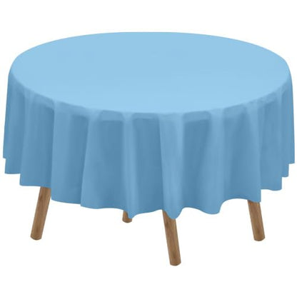 PARTY ULYJA Light Blue Plastic Tablecloths 2 Pack Disposable Table Covers 84 Inch Circle Baby Shower PEVA Sky Blue Table Cloths for Picnic Birthday Wedding Banquet Parties 6 ft Round Table Use - color: A01 Light Blue