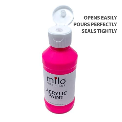 milo Fluorescent Acrylic Paint Set of 6 Colors | 8 oz Bottles | Student Neon Colors Acrylics Painting Pack | Glows UV in Black Light | Non-Toxic Arts & Crafts Paints for Artists & Hobby Painters | Made in USA | Glows in Black Light, AP Certified Non-Toxic