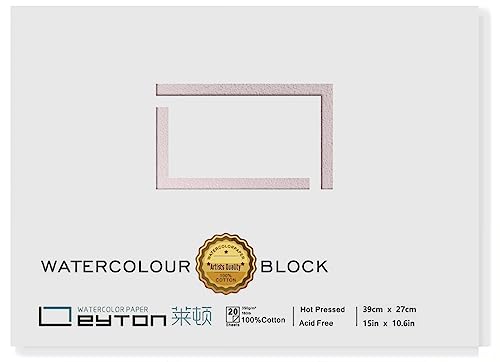 Non-Warping 100% Cotton Watercolor Paper Block - 20 Sheets of 160lb/350gsm Hot Press Water Color Art Supplies for Wet, Dry, and Mixed Media Painting, for Watercolor, Gouache, Acrylic (15 x 10.6'') - color: Hot Press White, size: 15 x 10.6''
