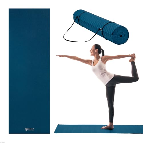 Gaiam Essentials 1/4" Thin (6mm) Yoga & Pilates, Fitness & Exercise Mat with Easy-Cinch Carrier Strap Cusion Support For Fitness and Gym Workouts - color: Navy