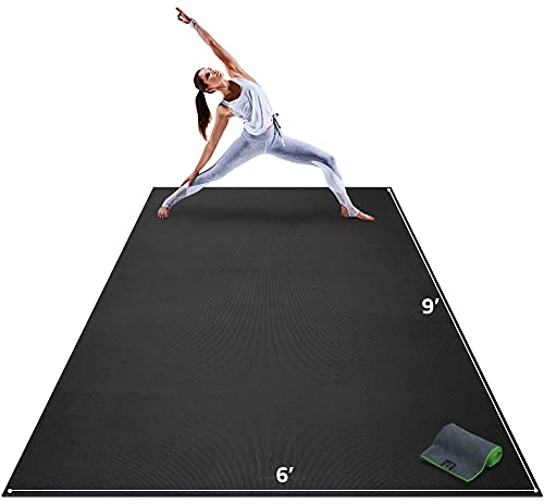 Gorilla Mats Extra Large Yoga Mat – 9'x6', 12'x6', 15'x6' (8mm) Extra Thick Wide Non-Slip Exercise Mat for Home Gym Flooring – Ultra Comfortable Workout Floor Mat for Barefoot Fitness & Stretching - color: Onyx Black Mat with Gray Towel, 2 Storage Straps