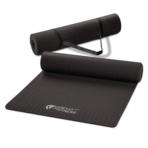 Circuit Fitness by Marcy Non-Slip Multi-Purpose Exercise Yoga Mats with Carrying Strap Multi-Thickness, Multi-Color Options - color: Midnight Black, size: 1/4-inch