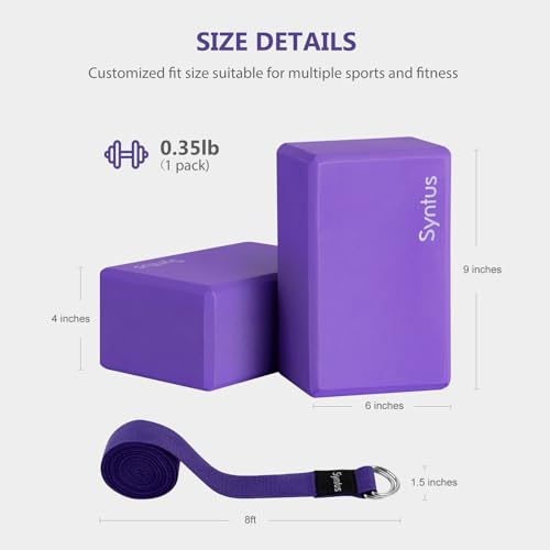 Syntus Yoga Block & Strap Set for Fitness, Pilates, Stretching and Toning | Natural Cork, EVA, 9×6×4 in, Eco-Friendly, Strong Support, Easy to Grip, Anti-Slip, Yoga, Pilates, Stretching Use - color: Purple
