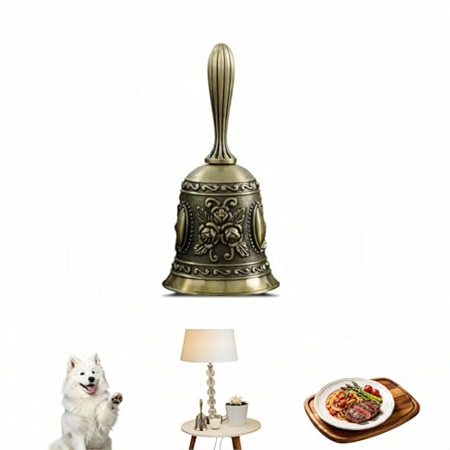 Vintage Hand Bell, Bronze Metal with 3D Rose Embossed Design, Ergonomic Handle, Loud Clear Tone, for Dinner, Wedding, Classroom, Meditation, 4.53 Inch