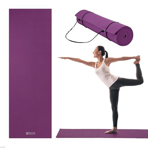 Gaiam Essentials 1/4" Thin (6mm) Yoga & Pilates, Fitness & Exercise Mat with Easy-Cinch Carrier Strap Cusion Support For Fitness and Gym Workouts - color: Purple