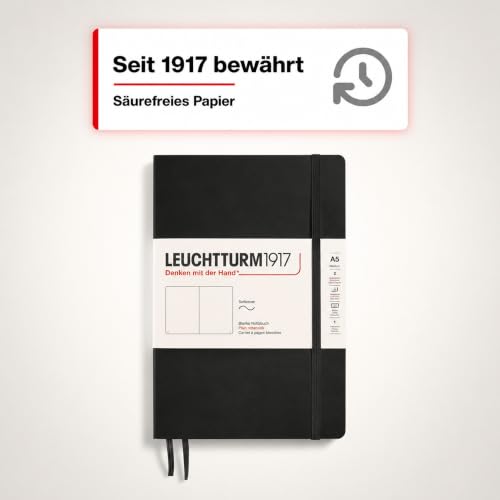 LEUCHTTURM1917 - Notebook Softcover Medium A5-123 Numbered Pages for Writing and Journaling (Plain, Black)